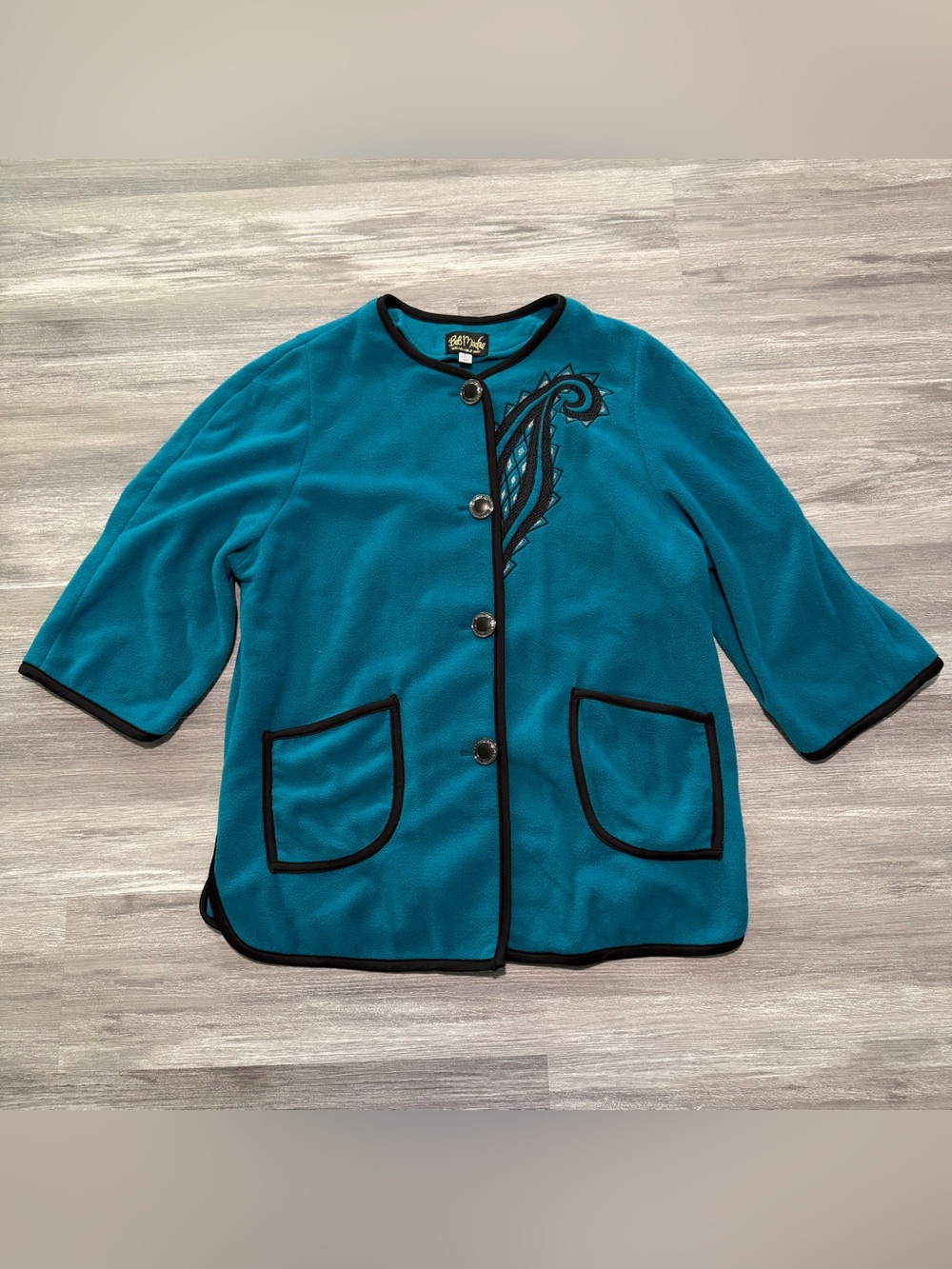 Bob Mackie Teal Fleece and Jacket with Black Trim & Embroidery Cozy Vintage Y2K